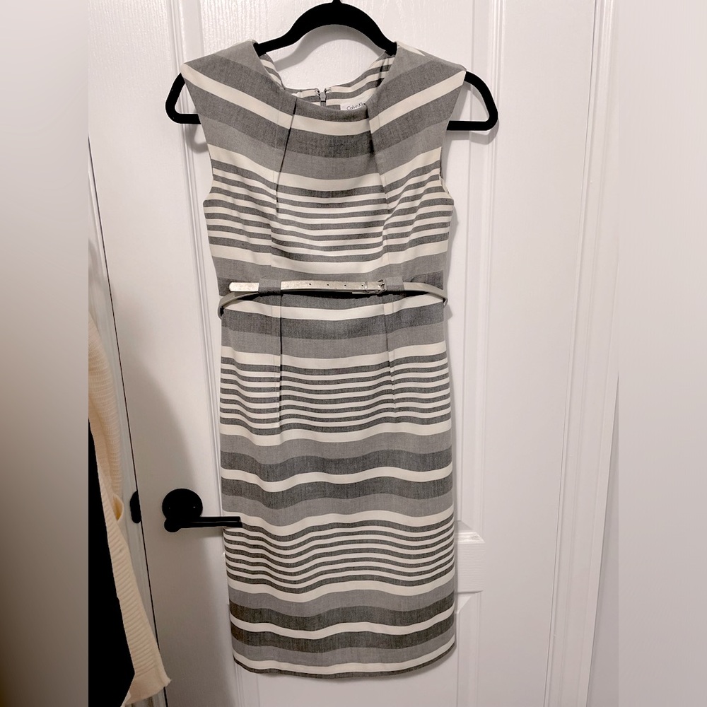 Calvin Klein Gray and White Striped Dress with Silver Belt. Size 2
